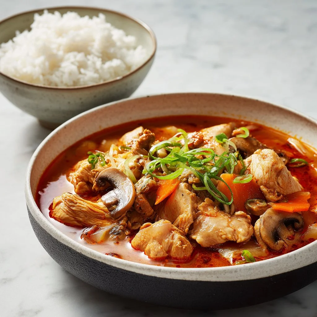 Bowl of deeply savory Korean chicken stew slow-cooked with vegetables and spices