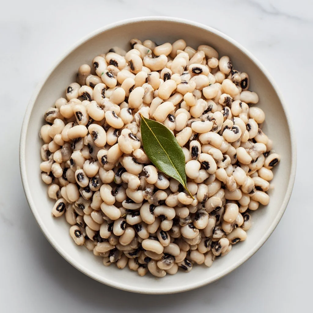 A bowl of cooked black-eyed peas with herbs and spices for a nutritious meal.