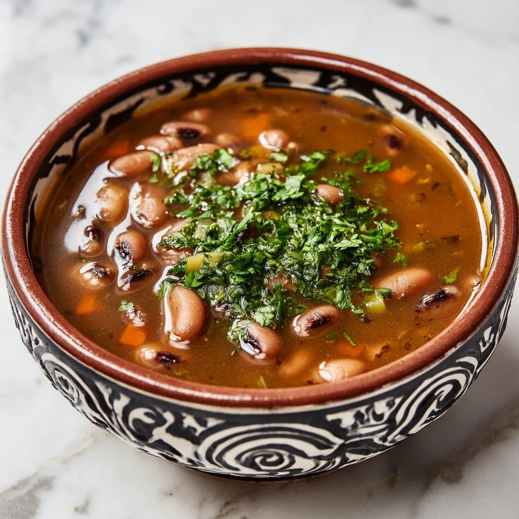 Slow cooker honey garlic black-eyed peas served in a rustic bowl.