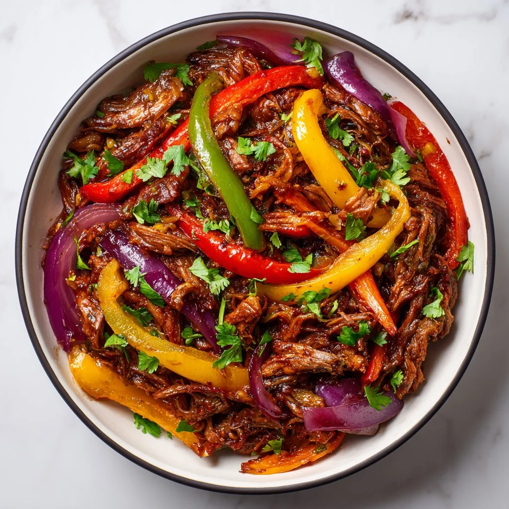 Delicious easy Crockpot Fajitas topped with vibrant peppers and onions.