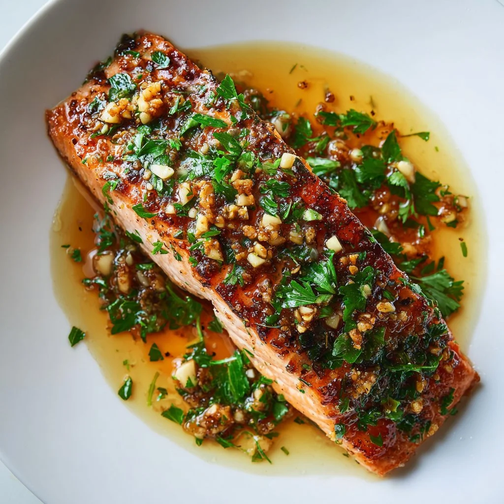 Served garlic butter baked salmon on a plate garnished with herbs