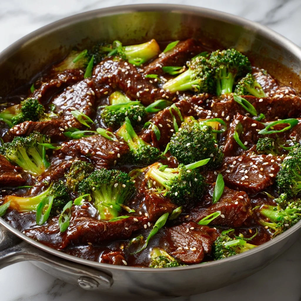 Homemade beef and broccoli dish on a plate with a side of rice