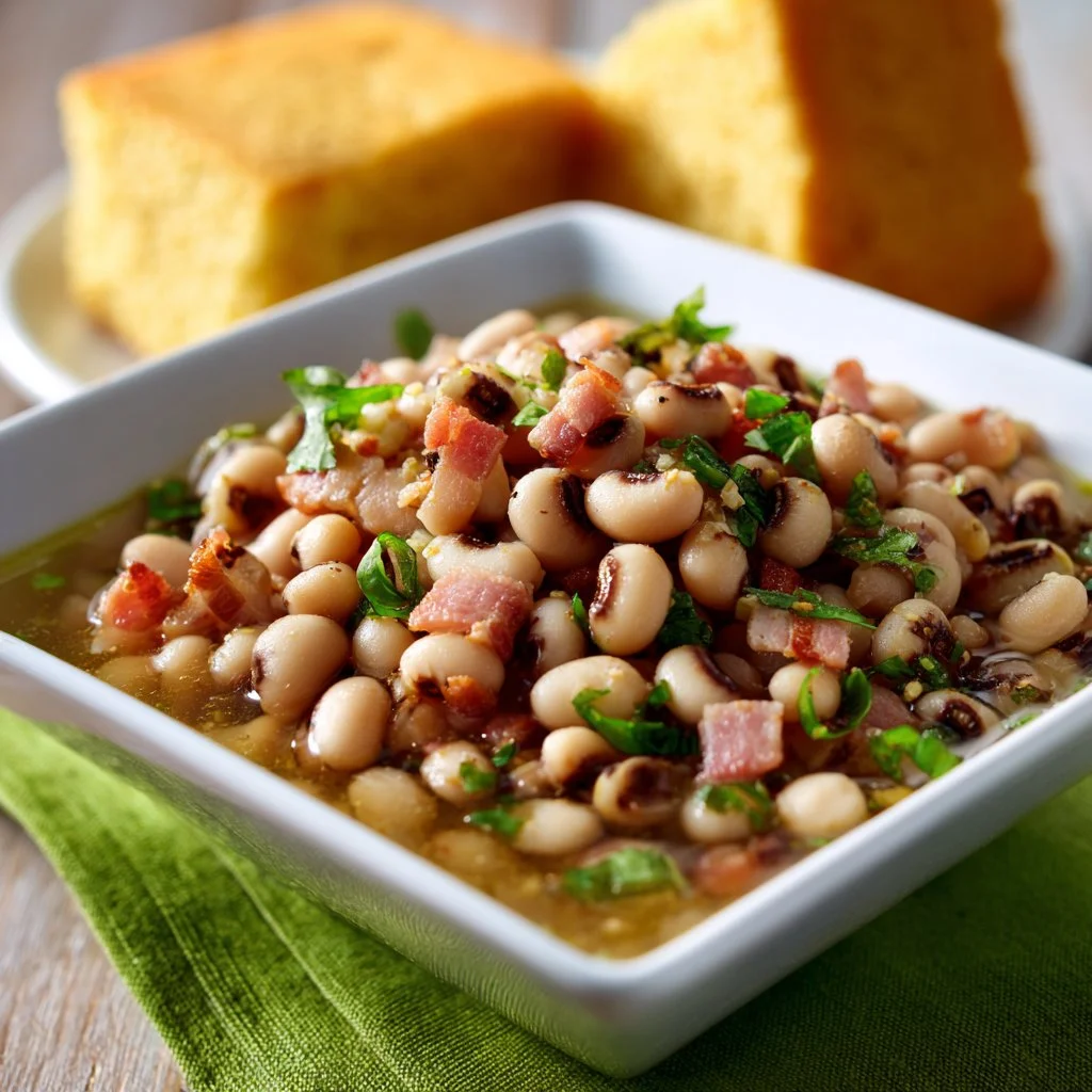 Bowl of easy Instant Pot black eyed peas recipe garnished with herbs.