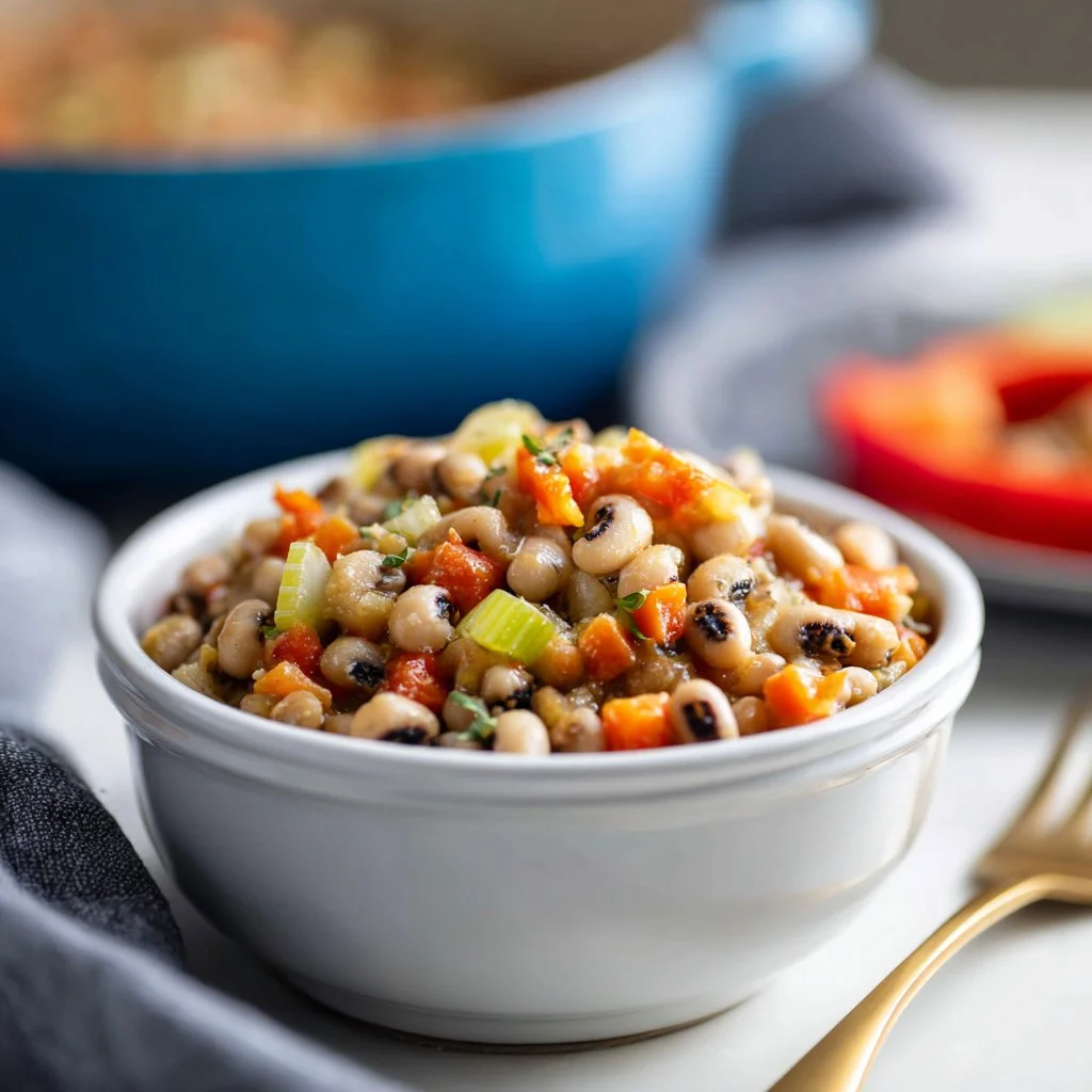 Bowl of easy Southern black eyed peas garnished with herbs