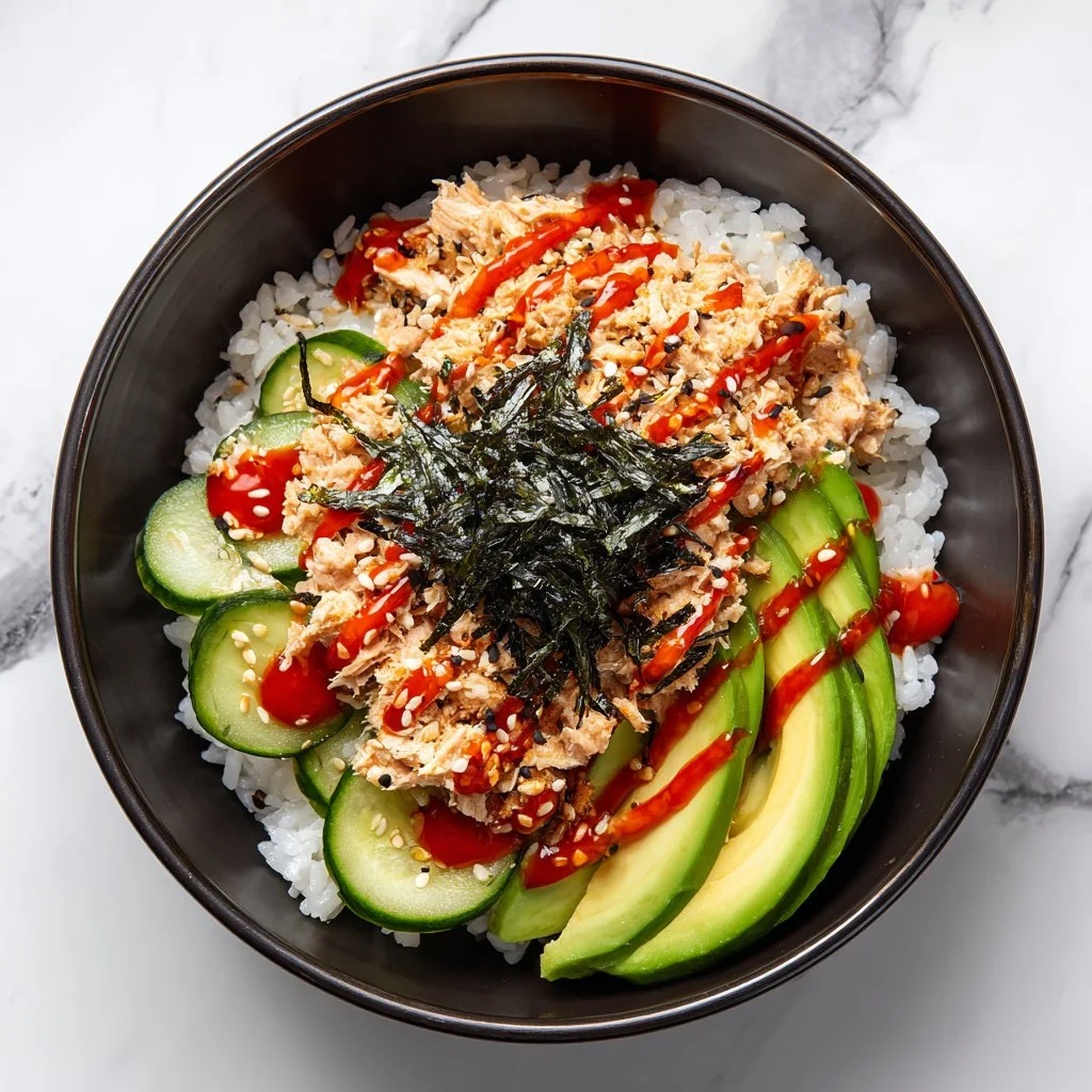 Easy tuna sushi bowl garnished with fresh ingredients and served in a bowl