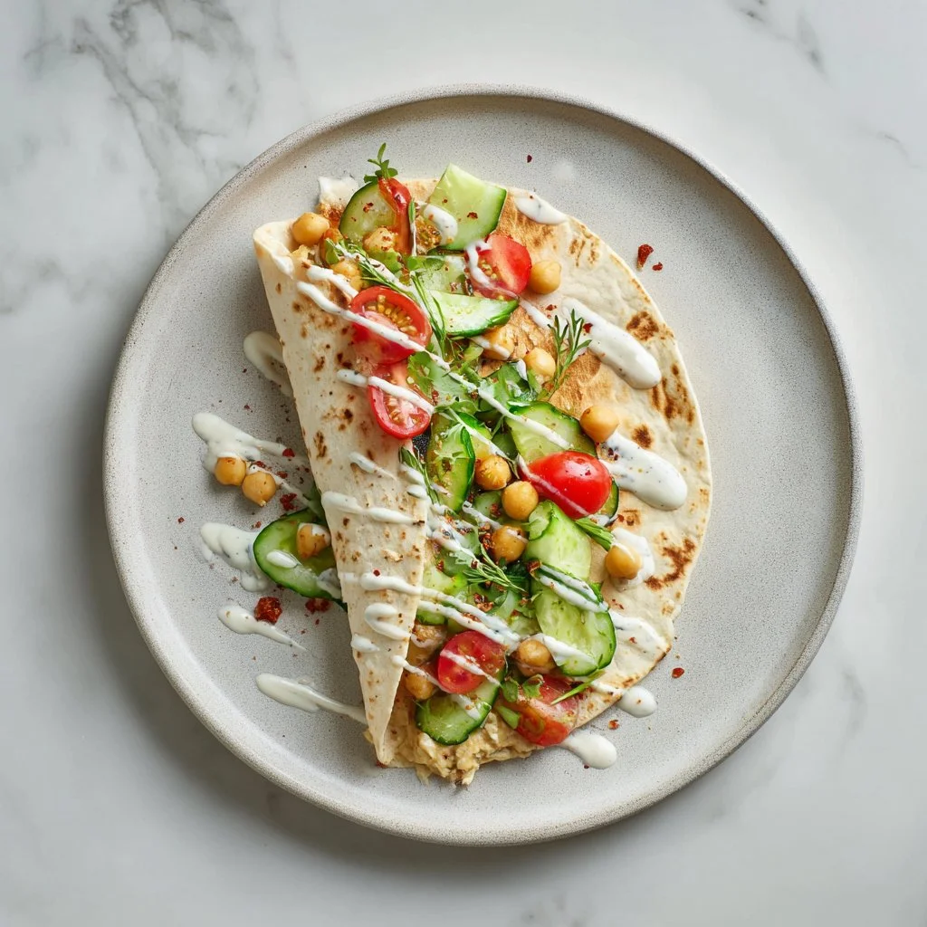 Easy vegetarian hummus wrap filled with fresh vegetables and herbs