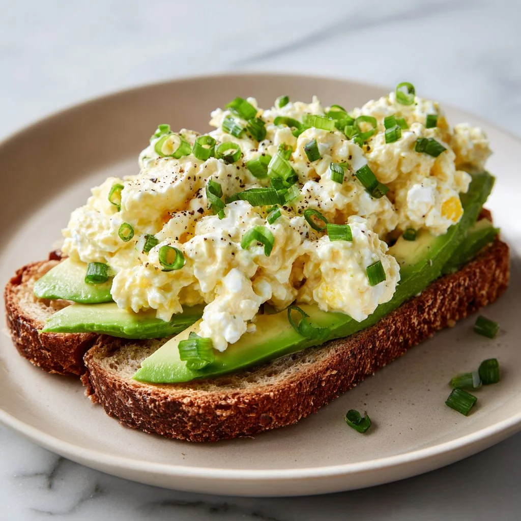Mayo-free egg salad with cottage cheese served in a bowl
