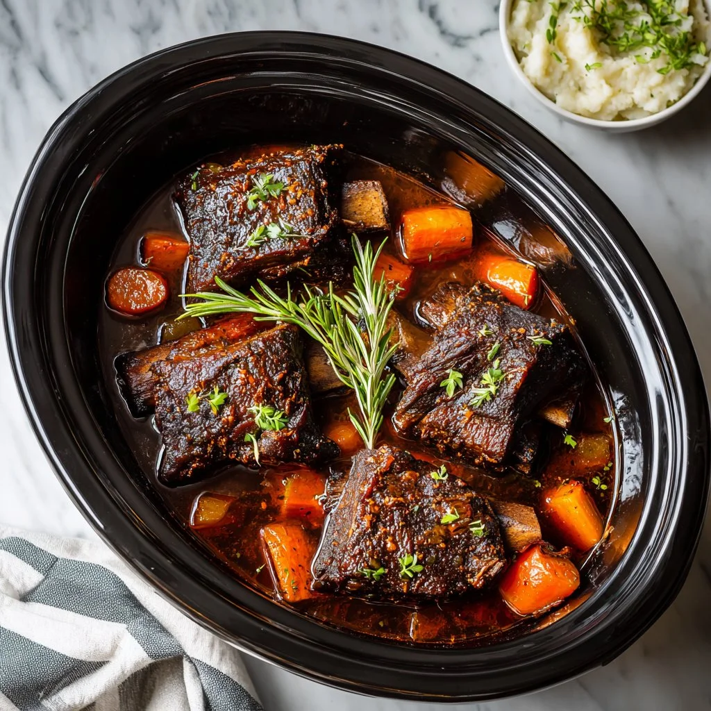 Delicious fall-apart slow cooker short ribs served on a plate