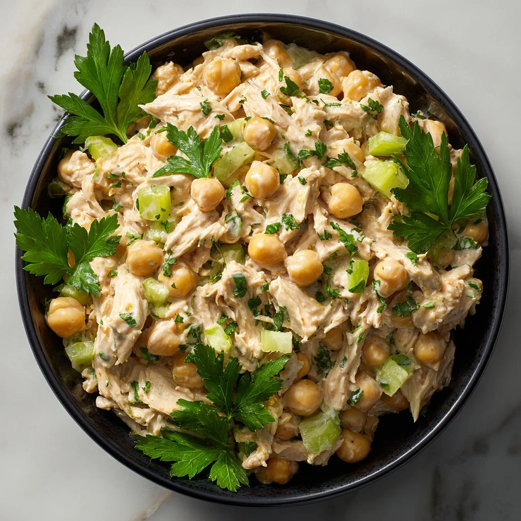 Bowl of Flavor-Packed Chickpea Chicken Salad with fresh ingredients