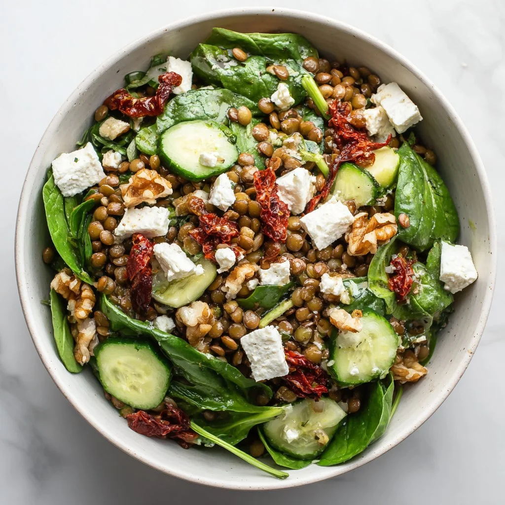 Fresh balsamic lentil salad with vibrant vegetables and a tangy dressing