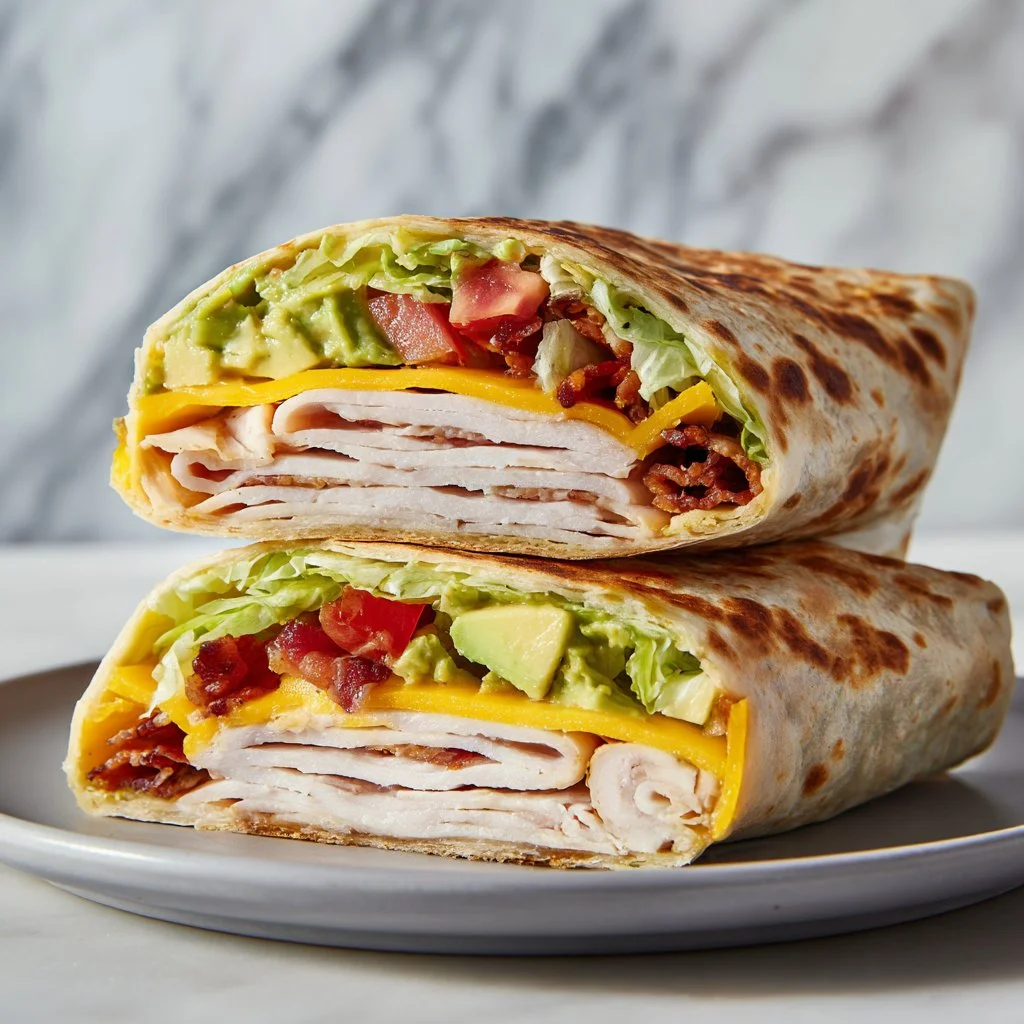 Fresh California Turkey Club Wrap with turkey, lettuce, and tomato in a tortilla