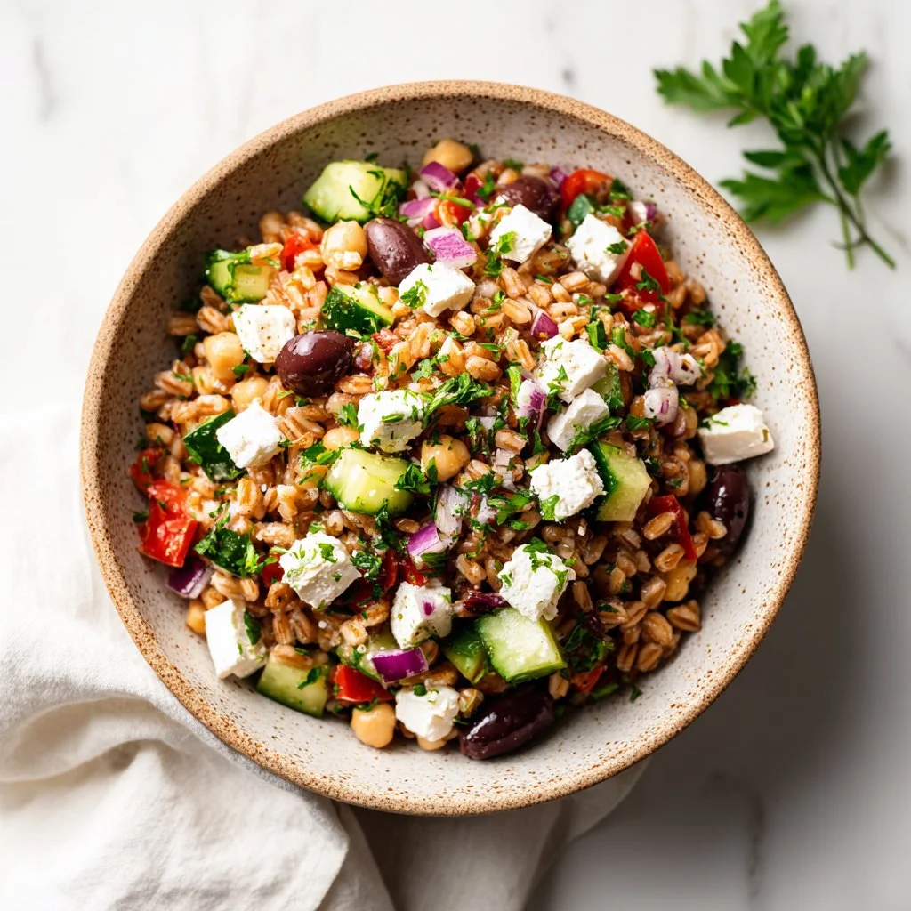 Fresh Farro Salad with Feta, topped with veggies and herbs