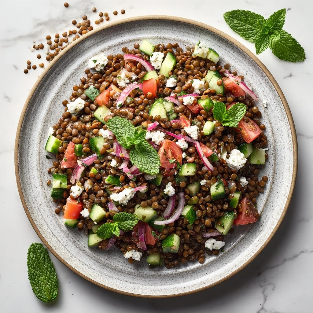 Fresh Mediterranean Lentil Salad with vibrant vegetables and herbs
