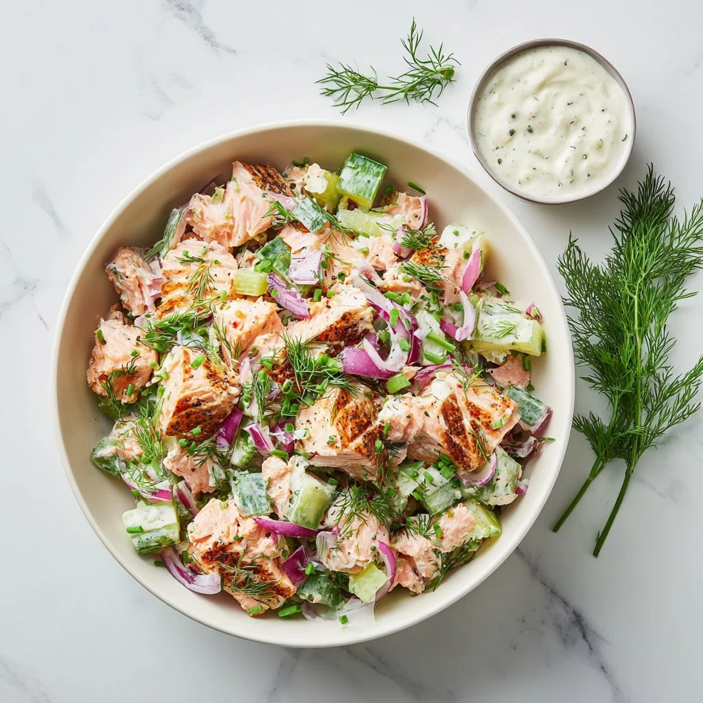 Fresh salmon salad with mixed greens and vibrant vegetables