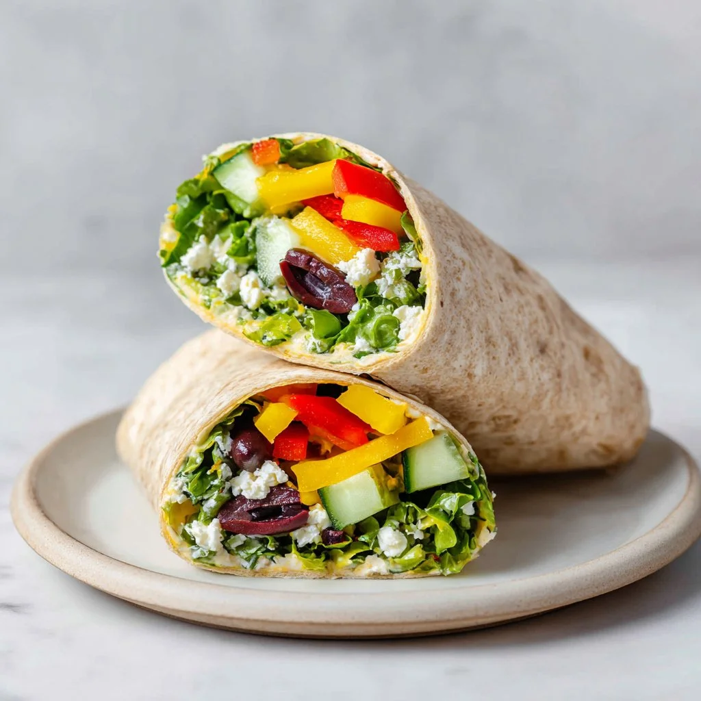Fresh Mediterranean Veggie Wrap filled with colorful vegetables and herbs
