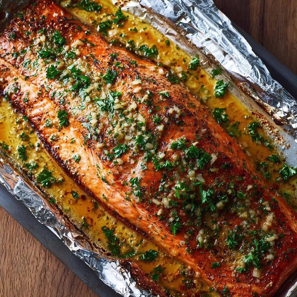 Oven-baked garlic butter salmon garnished with herbs on a plate