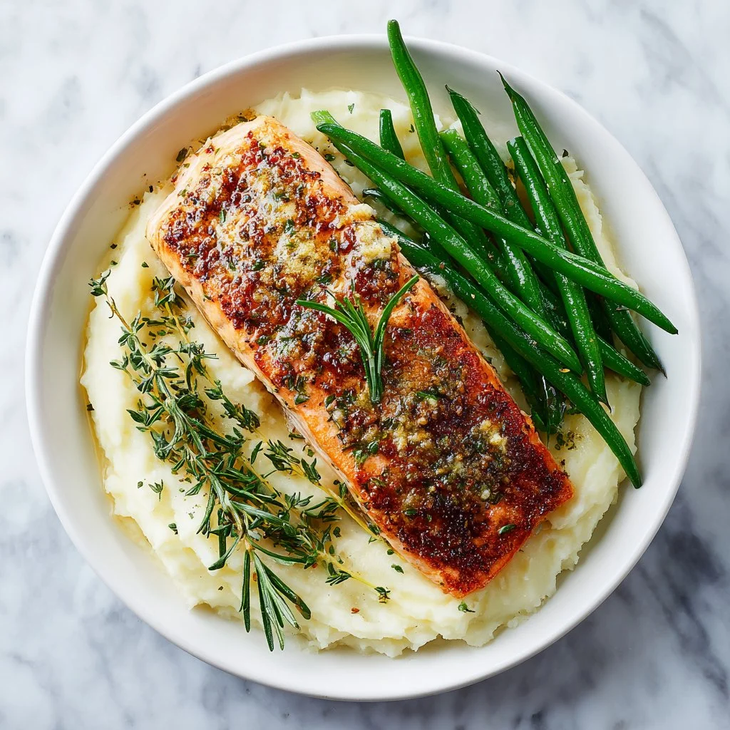 Garlic Herb Butter Salmon fillet garnished with fresh herbs and butter