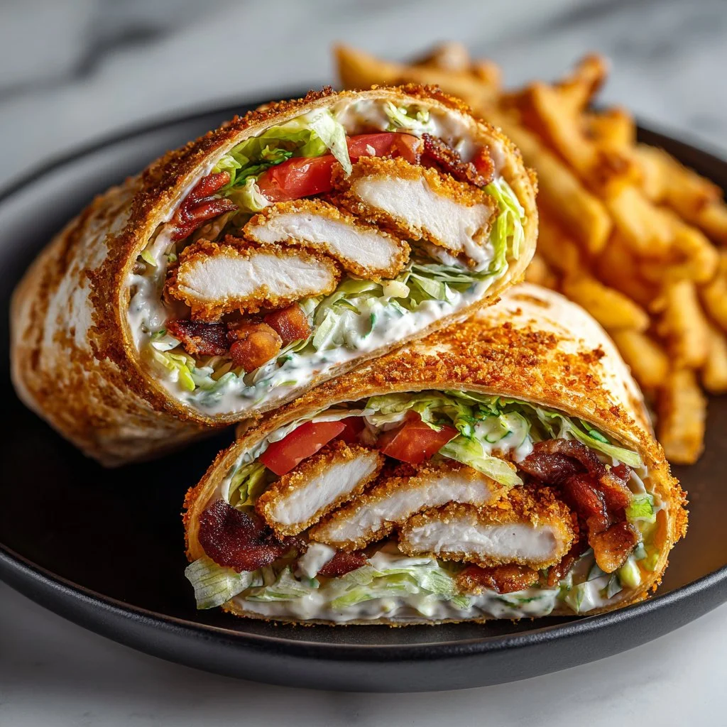Golden Crispy Chicken Club Wrap with fresh ingredients and crispy chicken.
