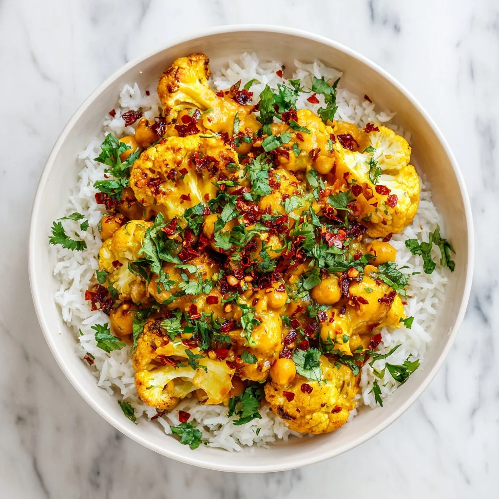 Golden roasted cauliflower and chickpea curry served in a bowl