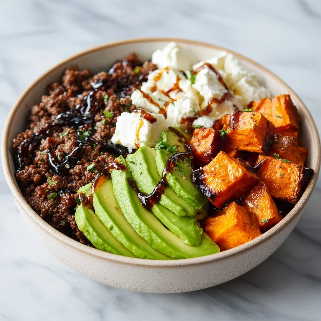 Ground Beef Hot Honey Bowl with fresh ingredients and a drizzle of honey