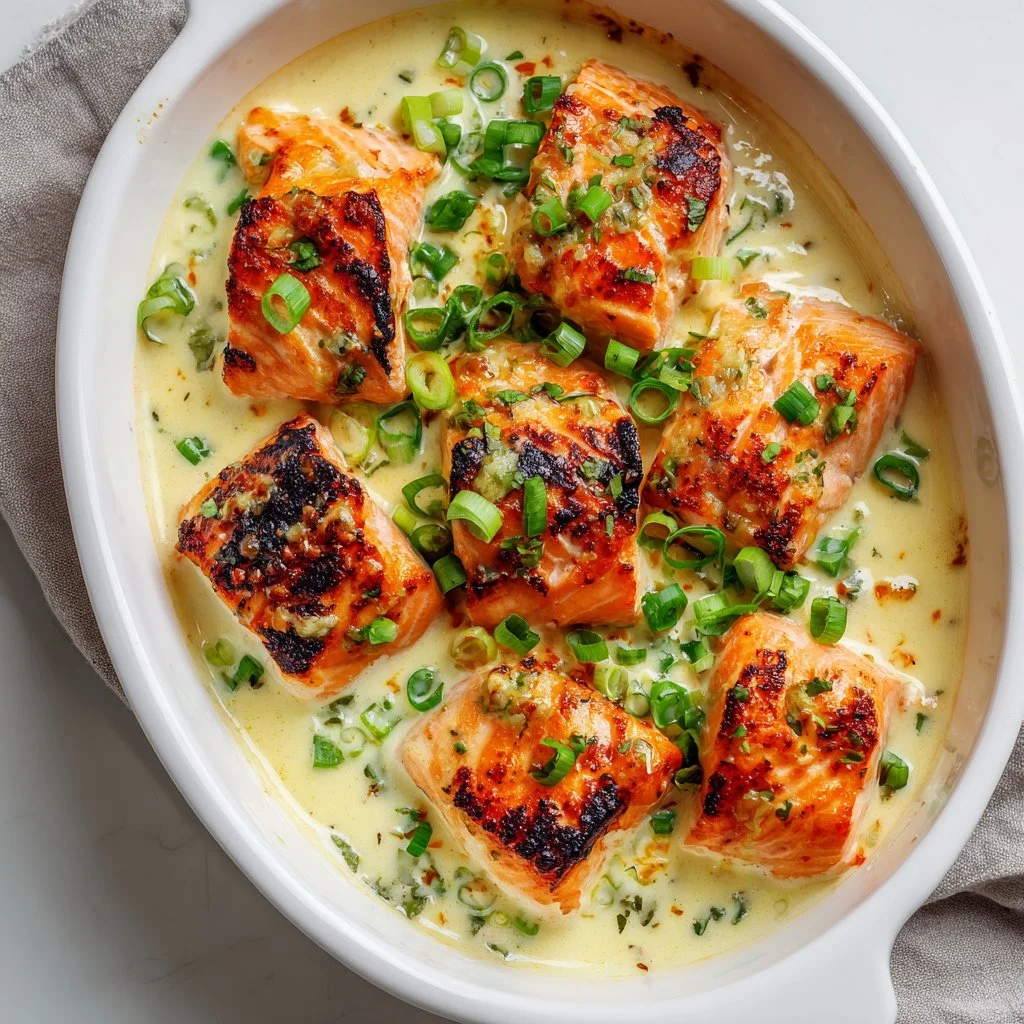 Healthy baked salmon dish served with vegetables and a lemon wedge