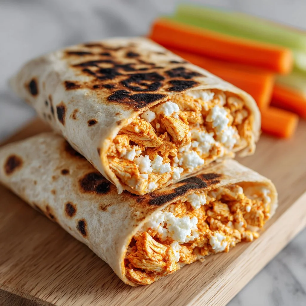 Healthy Buffalo Chicken Wrap with high protein in a tortilla wrap
