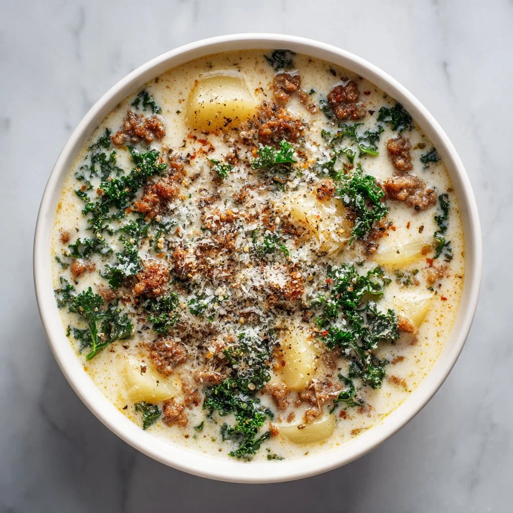 Bowl of Healthy Slow Cooker Zuppa Toscana Soup garnished with greens