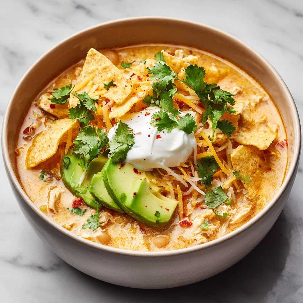 Bowl of healthy white chicken chili topped with fresh herbs and served warm.