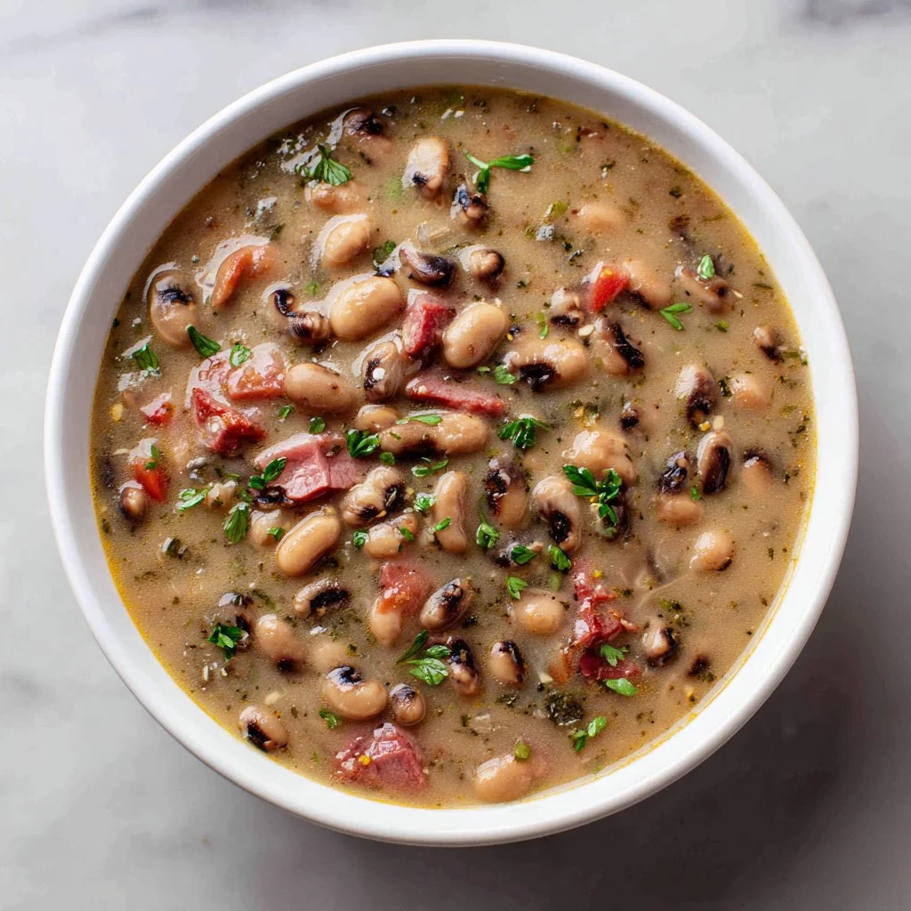 Bowl of hearty bean soup garnished with herbs