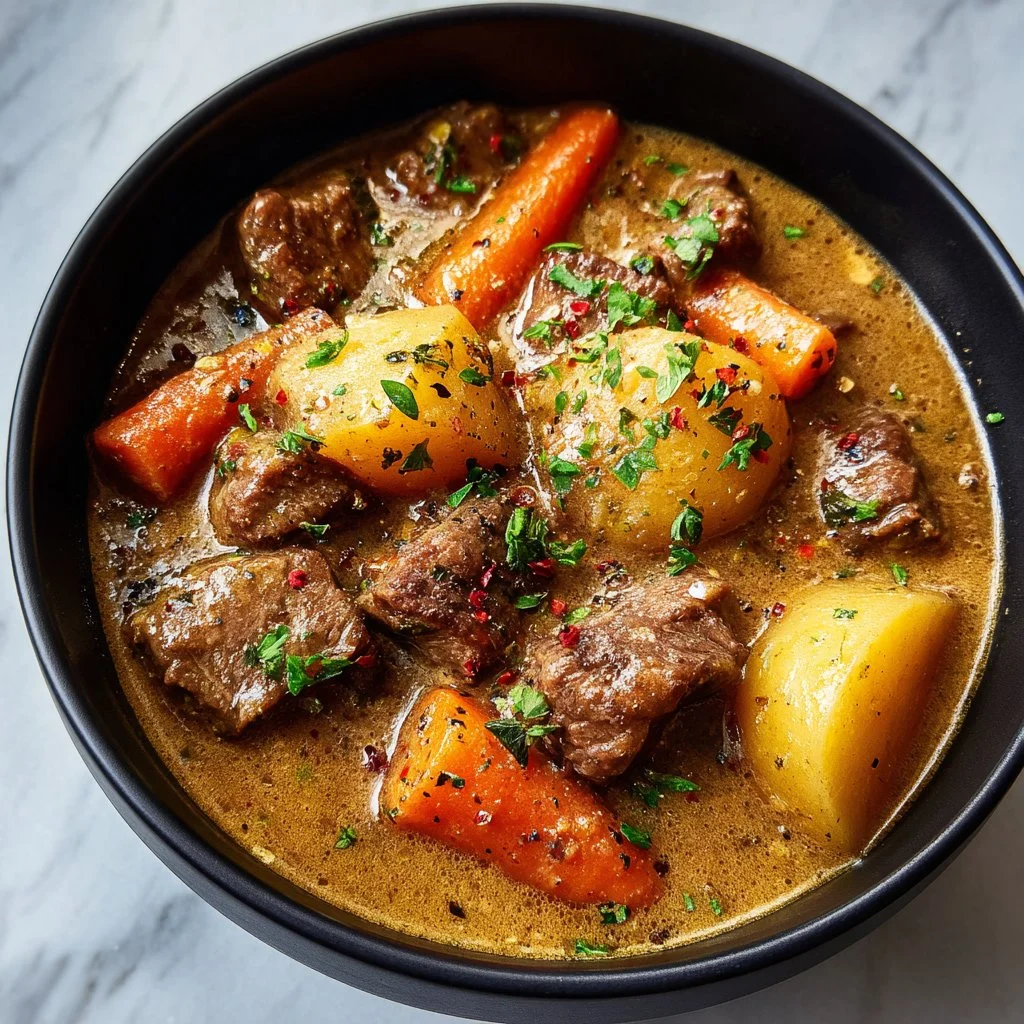 Delicious hearty beef stew served in a bowl with vegetables and herbs