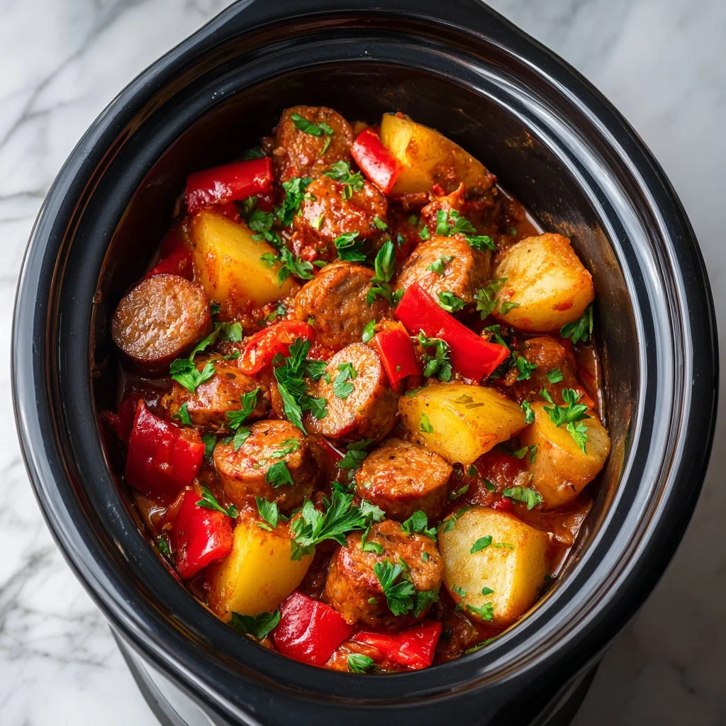 Hearty crockpot sausage casserole served in a bowl, ready for dinner.