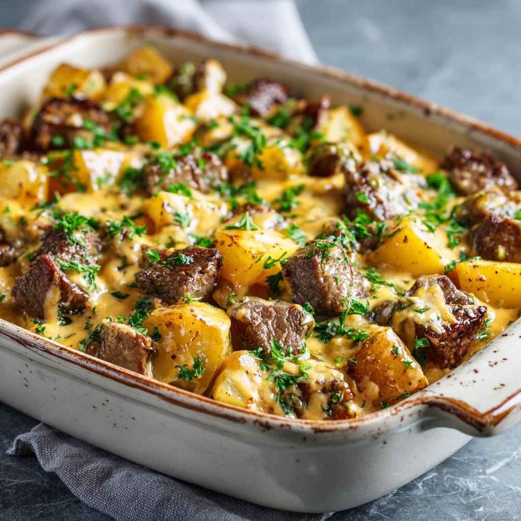 Hearty slow cooker steak and cheddar potato bake served in a dish
