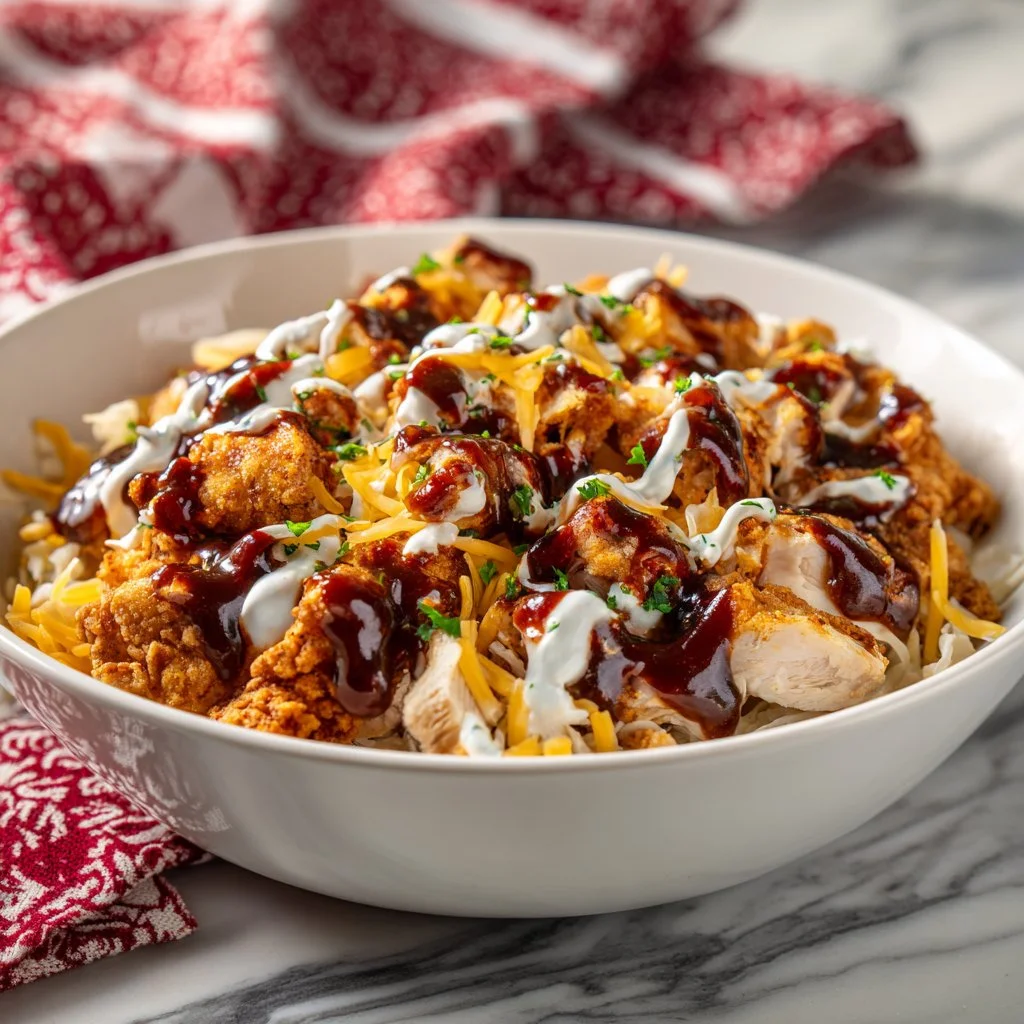 High Protein BBQ Ranch Chicken Bowl with grilled chicken, ranch dressing, and fresh vegetables