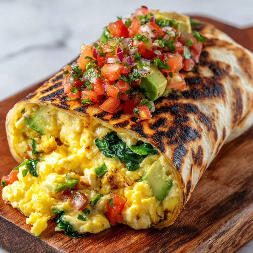 High-protein breakfast burrito filled with eggs, beans, and vegetables for a nutritious meal