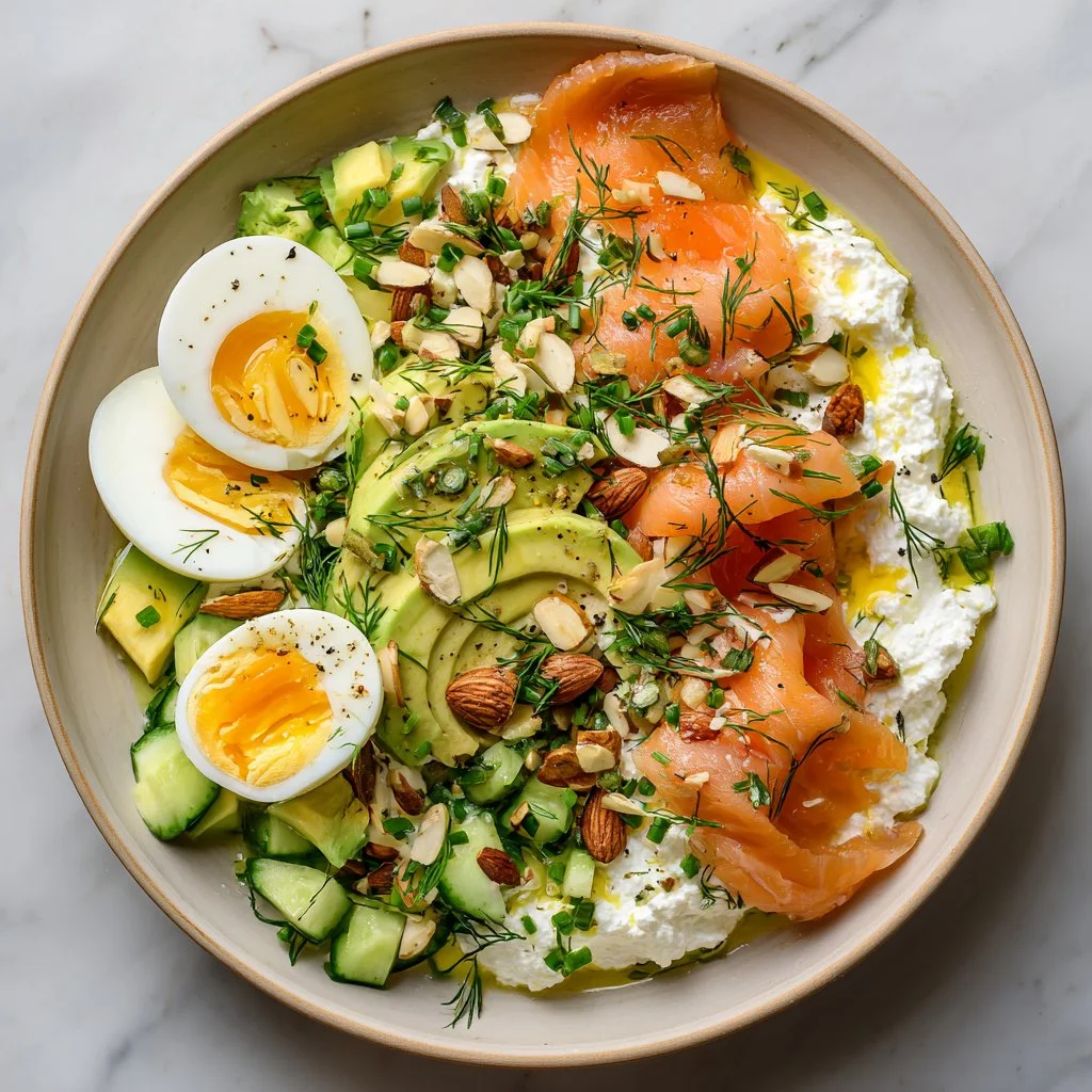 High-protein salmon and cottage cheese salad in a bowl