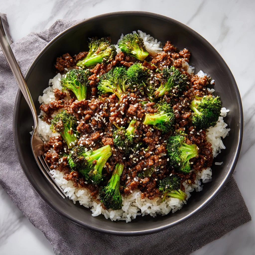 Honey Garlic Ground Beef and Broccoli dish served in a bowl