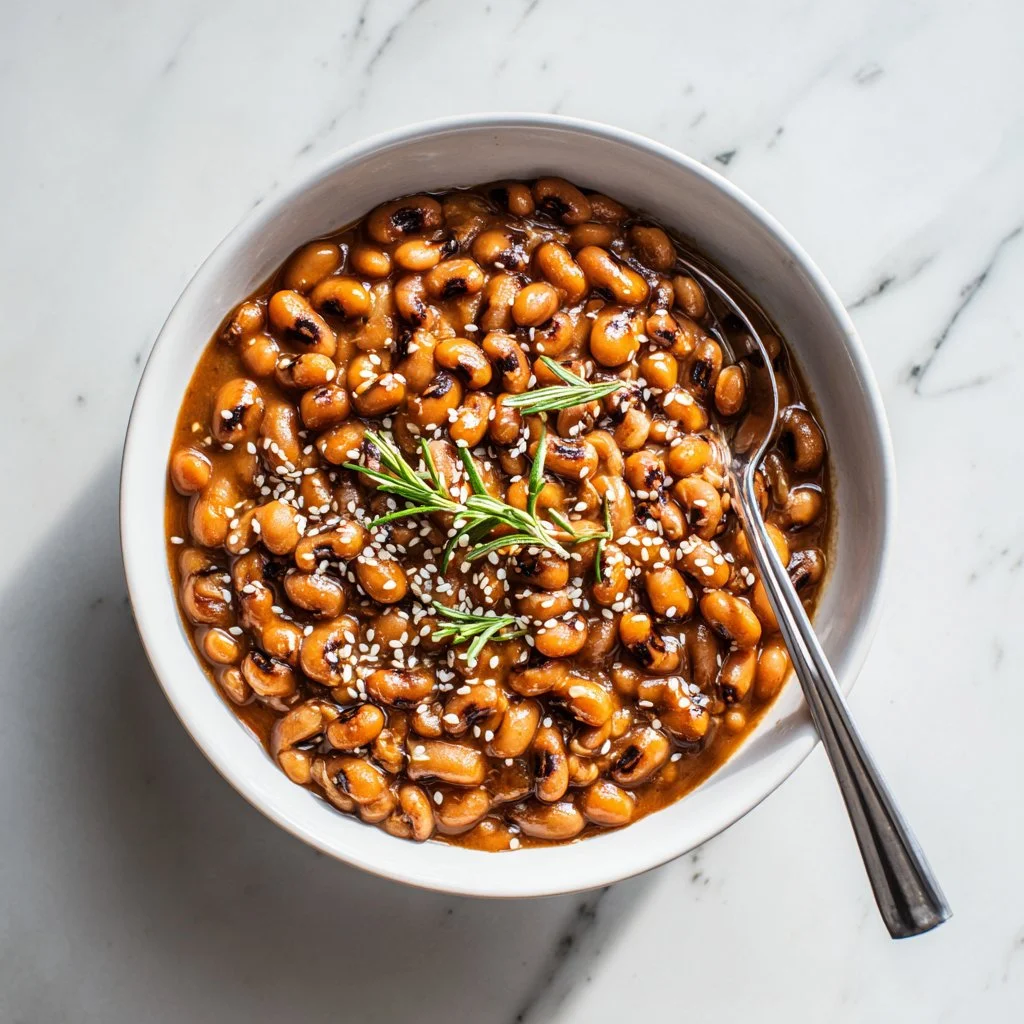 Bowl of delicious Instant Pot black-eyed peas garnished with herbs.