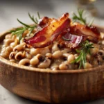 A bowl of cooked Instant Pot black eyed peas garnished with herbs.