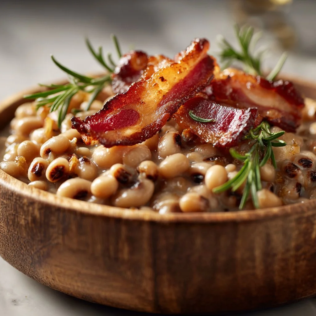 A bowl of cooked Instant Pot black eyed peas garnished with herbs.