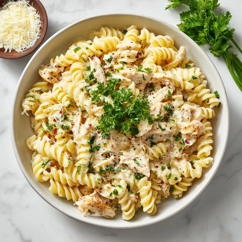 Plate of garlic parmesan chicken pasta garnished with parsley