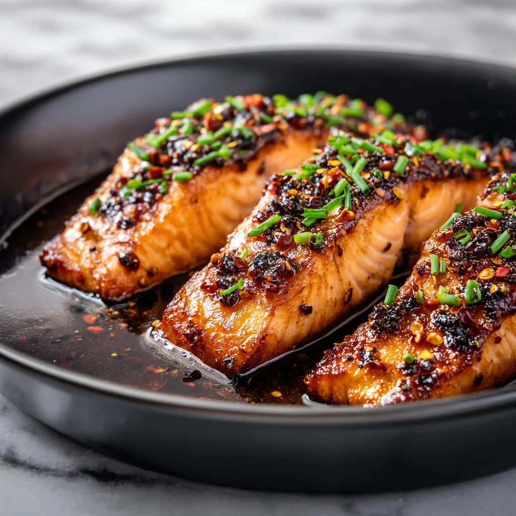 Plate of honey garlic salmon with crispy edges and garnished with green onions