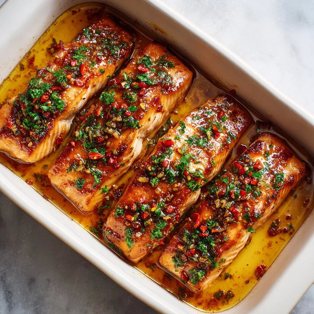 Juicy baked salmon fillet with vibrant seasoning and herbs