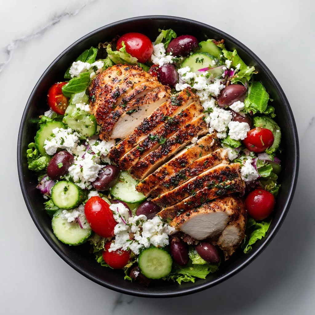Juicy Chicken Greek Salad with fresh vegetables and grilled chicken