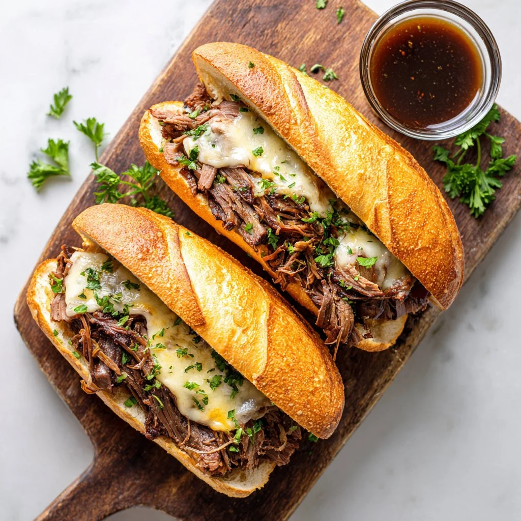 Juicy Crockpot French dip sandwiches served with rich dipping sauce