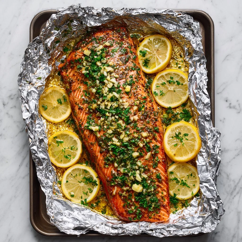 Juicy foil-baked salmon with simple seasoning on a plate