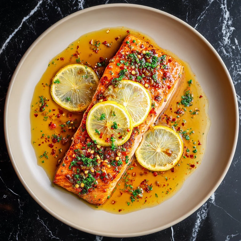 Juicy honey garlic salmon on a plate, garnished with herbs.