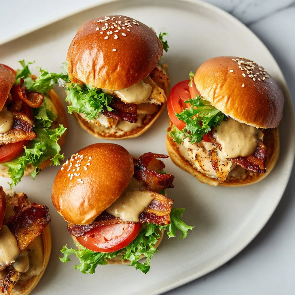 Juicy Honey Mustard BLT Chicken Sliders served on a platter