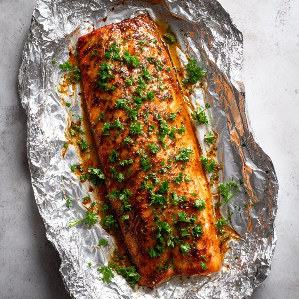 Delicious juicy oven-baked salmon garnished with herbs and lemon