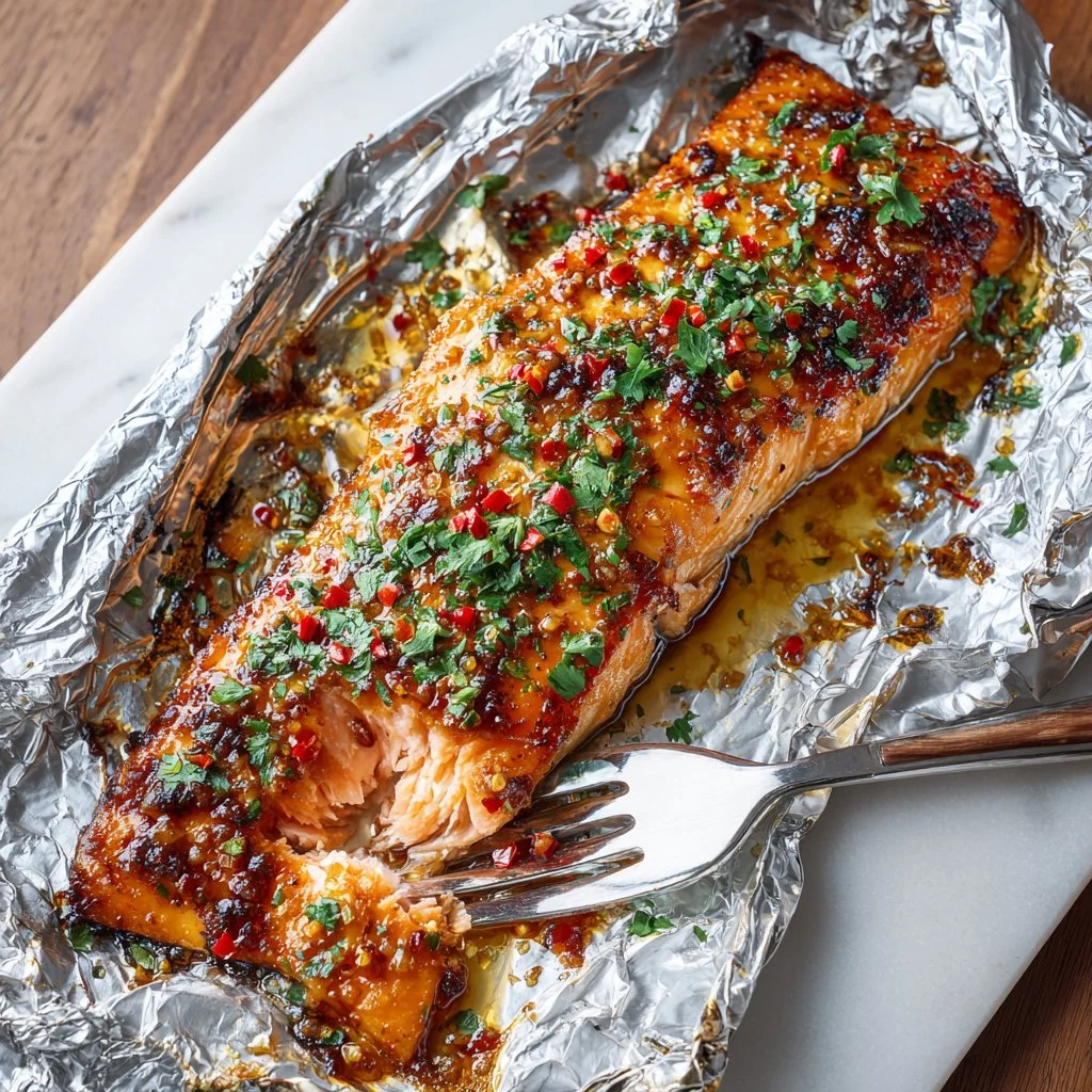 Juicy oven-baked salmon fillet served with lemon and herbs on a plate