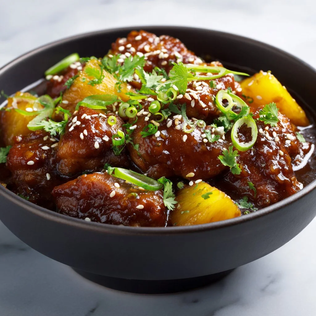 Plate of Juicy Sweet Hawaiian Chicken garnished with tropical fruits